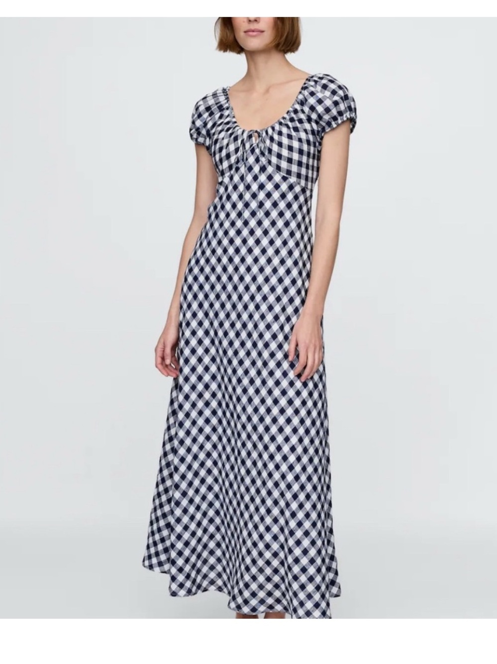 Doen X Gap Navy & White Gingham Maxi Dress Puff Sleeves size small linen lined